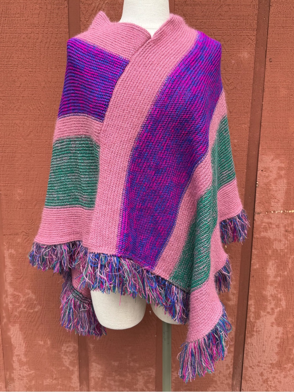 NWT Mainstrip Village Trends Striped Fringe Poncho Sweater Wrap Pink